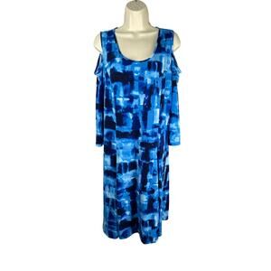 Susan Graver Dress‎ Womens Large Blue Geo Print Cold Shoulder Liquid Knit Travel